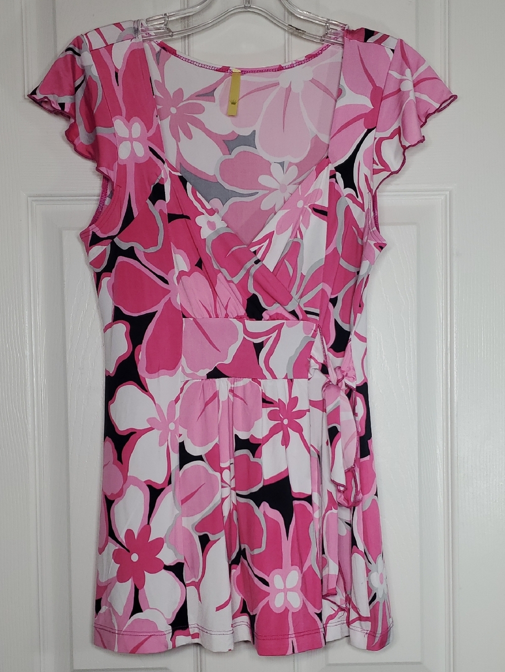 Pink Floral Blouse with Side Tie Flutter Short Sleeve Blouse Hawaiian